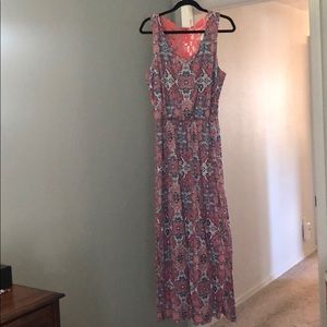 Pink Patterned Maxi Dress with Crochet Back Detail